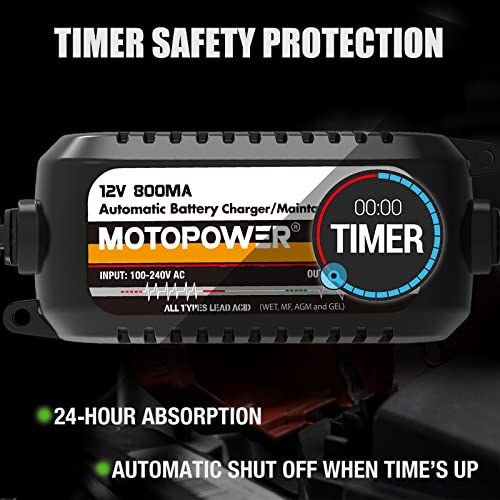 MOTOPOWER MP00205C 12V 800mA Automatic Battery Charger, Battery Maintainer, Trickle Charger, and Battery Desulfator