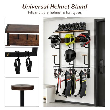 6-in-1 Motorcycle Helmet Rack with Hooks & Shelves, Helmet Wall Mounted Organizer for 6 Helmets, Gear & Accessories, Heavy-Duty Storage for Garage & Entryway - size: Large