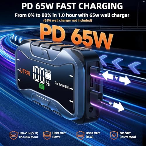 UTRAI 8000A Portable Car Jump Starter, 12V Battery Jumper for All Gas & 12L Diesel Engines, 27000mAh Jump Box with 65W USB-C Fast Charging, 2 USB & DC Output Jump Pack, 600LM LED Flashlight