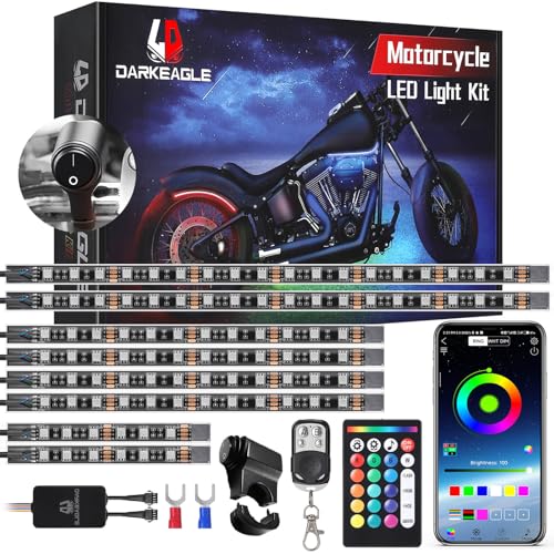 8PCS Motorcycle RGB LED Light Kit with Handlebar Switch Brake Turn Signal, Multicolor Underglow Lights with APP/RF Remote, Neon Strips 12V Waterproof for Sport Bike, Cruiser, Street & Dirt Motorcycle - size: 8PCS w/Handlebar Switch