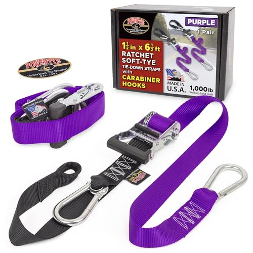 PowerTye 1.5in x 6.5ft Heavy Duty Ratchet Tie-Down Straps with Soft-Tye and Carabiner Hooks - 1,000 lb Working Load Limit / 3,000 lb Breaking Strength - Made in USA - Purple/Black (Pair) - color: Purple, size: 6.5 ft