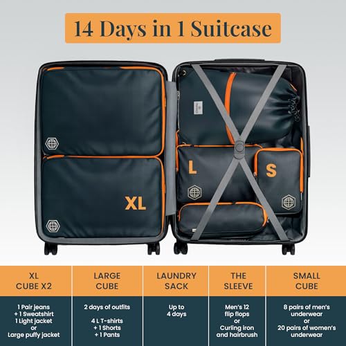 Extra Large Compression Packing Cube 6 Piece Set for Travel and Check Luggage by TRIPPED Travel Gear - color: Grey/Orange