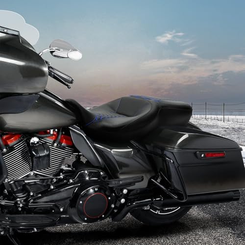 C.C. RIDER Driver& Passenger Seat Mammock Seat Fit For Harley Touring 2009-2023 Road Glide Street Glide Road King Electra Glide CVO Models 2009-2022, Extended Reach - color: 38# Blue