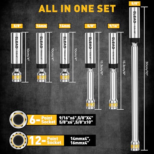 ELEAD 8-Piece 3/8" Drive Magnetic Swivel Spark Plug Socket Set, 5/8", 9/16", 14mm, 16mm, Include Ratchet Handle & Spark Plug Gapper, 6 & 12 Point CR-V Spark Plug Removal Tool - size: 3/8" Drive Set