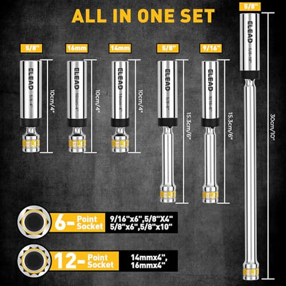 ELEAD 8-Piece 3/8" Drive Magnetic Swivel Spark Plug Socket Set, 5/8", 9/16", 14mm, 16mm, Include Ratchet Handle & Spark Plug Gapper, 6 & 12 Point CR-V Spark Plug Removal Tool - size: 3/8" Drive Set