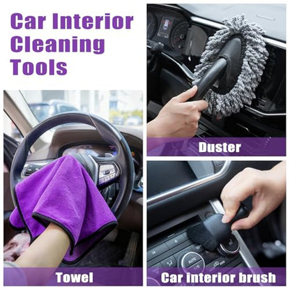 Windshield Cleaner Tool, 17Pcs Car Interior Detailing Kit, Detailing Brush, Towels, Duster, Car Cleaning Kit Interior for RVs, Truck, Trailer (Purple) - color: Purple