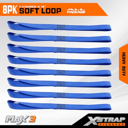 XSTRAP STANDARD Soft Loop Tie-Down Straps - 8PK 1-1/16 x 18 inches - 3600LB Breaking Strength, Loops for Securing Trailering of Bikes, ATV, UTV, Motorcycles, Scooters, Dirt Bikes, Lawn Equipment, Blue - color: Blue