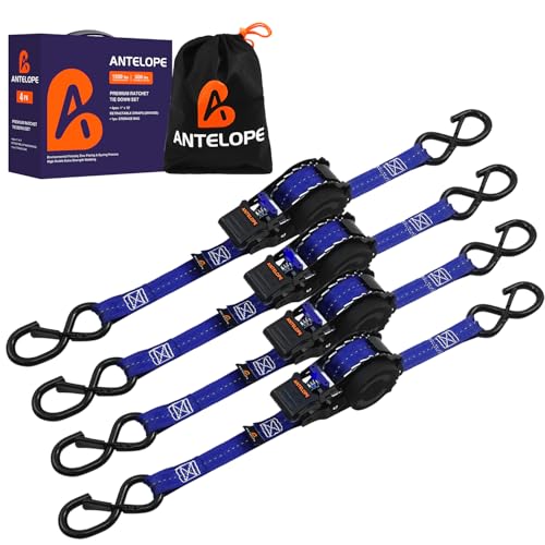Retractable Ratchet Straps(4 PK), 1" x 12 ft Auto Retract Tie Downs, Automaitc Ratchet Straps,1500lb Break Strength AutoRetract Self Retracting for Motorcycle, Truck, Cargo, Trailer, ATV, UTV -Blue - color: Blue, size: 4pack
