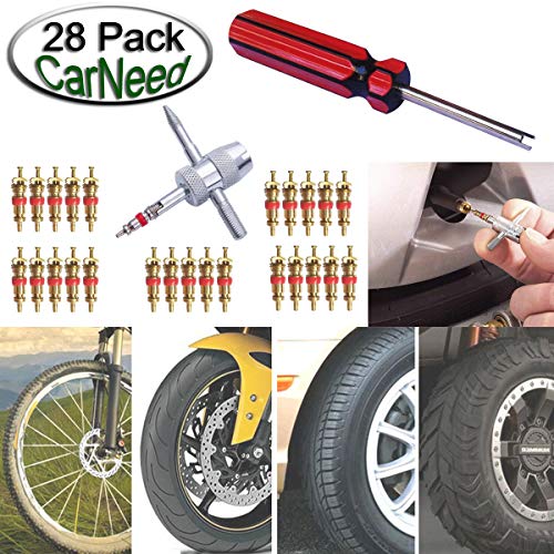 Febrytold 3 Pcs Tire Valve Core Remover Tools with 25 Pcs Brass Valve Stem Cores, 4-Way Valve Stem Core Tool, Dual & Single Head Tire Valve Core Remover Installer Tools - size: 28 Pcs