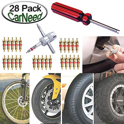 Febrytold 3 Pcs Tire Valve Core Remover Tools with 25 Pcs Brass Valve Stem Cores, 4-Way Valve Stem Core Tool, Dual & Single Head Tire Valve Core Remover Installer Tools - size: 28 Pcs