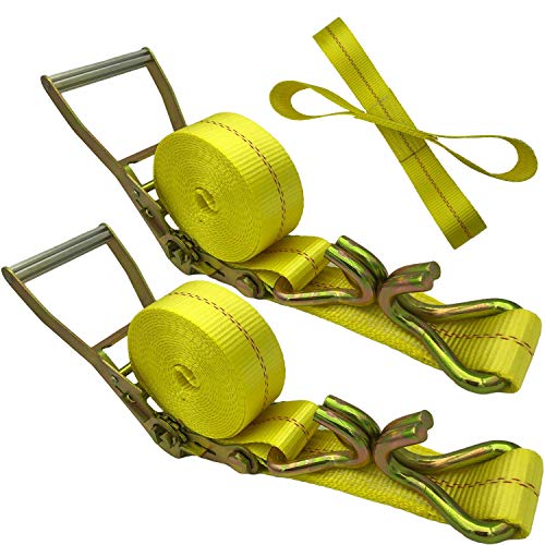 Ratchet Straps - 2" x 17' Heavy Duty Cargo Straps, Load up to 10000Lbs, Double J Hooks for Trucks, Moving Appliances, Lawn Equipment, Motorcycles - Yellow