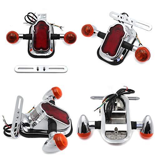 HTTMT- Motorcycle Chrome Amber Metal Tombstone Brake Tail W/Light Signal Compatiable With Big Twin Motorcycle Bike [P/N: XH3118B-A-01-CD+AMBER] - color: Amber