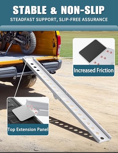 6FT Foldable Aluminum Motorcycle Loading Ramp, 440lbs Capacity Portable Single Truck Ramp for Dirt Bikes, E-Bikes and Trailers, 1 Pack with Safety Strap