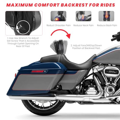 Adjustable Driver Backrest for Harley Touring Street Glide Road Glide Road King Electra Ultra Limited 1997-2026 Detachable with Storage Bag & Headphone Jack Black - size: Driver Backrest W/ Pouch 1