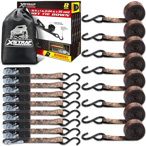 XSTRAP STANDARD Ratchet Tie Down Straps - 8PK - 1'' x 10 ft - 900 LB Break Strength Cargo Straps for Moving Appliances, Lawn Equipment, Motorcycle (Camouflage2) - color: Camouflage, size: 8pk 1inchx10ft