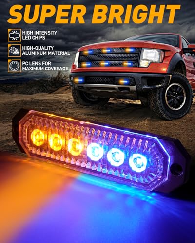 HLauto 406T Emergency Strobe Grille Lights: 4Pcs 6 LED Sync Feature Safety Warning Flashing Light, 12V-24V Ultra Slim Surface Mount Hazard Caution Light for Truck, Vehicle, Car, ATV, UTV (Amber Blue) - color: Amber/Blue