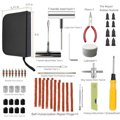 55PCS Tire Repair Kit – Heavy Duty Plug & Patch Kit with Tire Gauge & Valve Tools – Emergency Flat Tire Repair for Car, Truck, Motorcycle, ATV, SUV – Includes Storage Bag & Manual