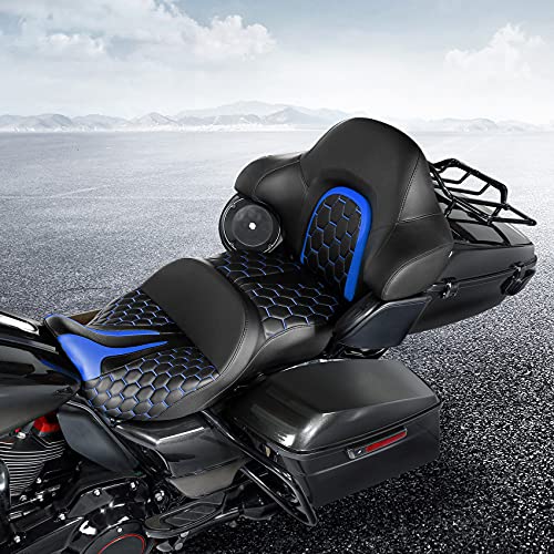 C.C. RIDER Gel Seat Driver Passenger Seat and King/Chopped Tour Trunk Backrest Fit For Harley Touring 2014-2023 Street Glide Road Glide Road King Electra Glide,Blue Hexagon - color: 23# Gel Blue+ 1 Backrest