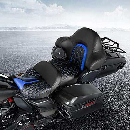 C.C. RIDER Gel Seat Driver Passenger Seat and King/Chopped Tour Trunk Backrest Fit For Harley Touring 2014-2023 Street Glide Road Glide Road King Electra Glide,Blue Hexagon - color: 23# Gel Blue+ 1 Backrest