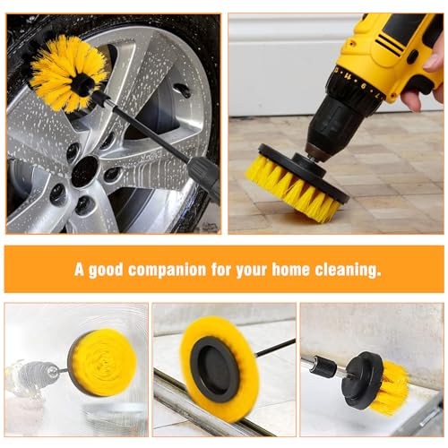 8 Pcs Drill Brush Attachment Set, Power Cleaning Scrub Brush Kit with Extend Long Attachment, All Purpose Drill Scrub Brushes for Car, Grout, Floor, Tub, Bathroom and Kitchen (Yellow) - color: Yellow