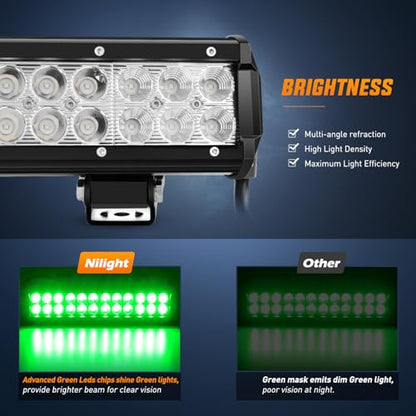 Nilight LED Light Bar 12 Inch 72W Spot Flood Combo Green Beam Off Road Lights Fishing Hunting Emergency Deck Boat Work Lighting for Trucks UTV Pick-up Van Boat Tractor - color: Green