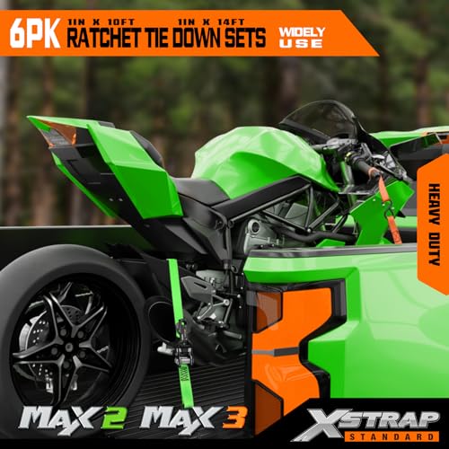 XSTRAP STANDARD 6-PK Ratchet Tie Down Straps, Heavy Duty Motorcycle Straps | 1 Inch 4 x 14ft & 2 x 10ft Tie-down, 3300 lbs Break Strength Cargo Straps with Coated S-Hooks for Moving, Truck, UTV, Trailer