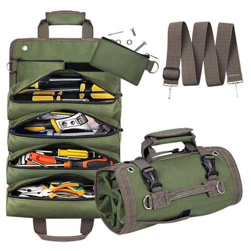 Roll Up Tool Bag, Portable Folding Tool Roll with Detachable Pouch, Heavy Duty Motorcycle Storage Organizer, Green - color: Green