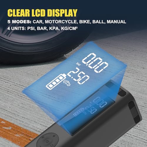 Tire Inflator Portable Air Compressor, 150PSI Faster Cordless Air Pump with Auto Shut-Off Function for Car, Motorcycle, Bicycle Balls with Digital Pressure Gauge 6000mAh Battery LED Light