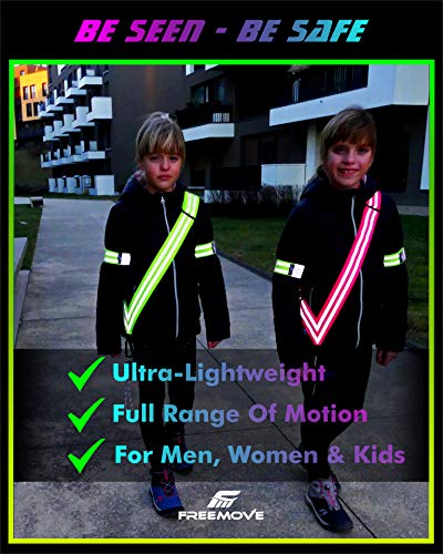 FREEMOVE Reflective SASH with 2 Bands - or - Reflective Runners Waist Belt with 4 Arm Bands > Easy to Put On/Off Reflective Gear for Guaranteed Visibility & Safety for Dog Walking, Running, Cycling - color: Yellow SASH and BANDS