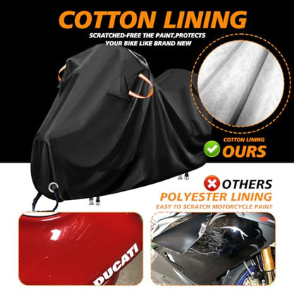 Motorcycle Cover Waterproof Outdoor,Heavy Duty Polyester Fabric with Cotton Fleece Lining Bike Covers,Scratch-Proof and Weatherproof,Anti-UV,with Air Vent,Lock Hole,116x43x55-ClawsCover - size: 116Lx43Wx55H Inch(with cotton)