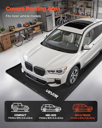 VEVOR Containment Mat, 8 ft 6 in x 20 ft, Non-Slip PVC Garage Floor Mat with a Cleaning Squeegee, Heavy Duty Durable Waterproof Protection from Snow, Rain and Mud for Cars SUVs Trucks Parking, Black - size: 8 ft 6 in x 20 ft