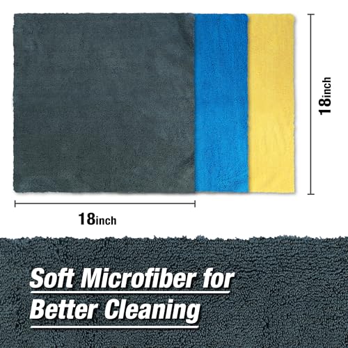 Big RED ATRJL01R Microfiber Cleaning Cloth: 18"X18" Cleaning Towels with 3 Color, 12 Pack, Grey/Blue/Yellow