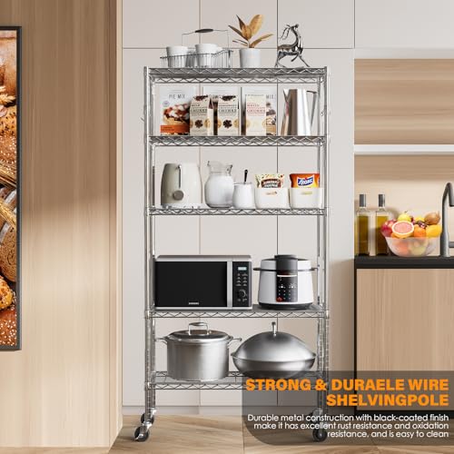 YNN Storage Shelves,1750Lbs 5 Tier Heavy Duty Metal Rolling Shelving Unit with Wheels & 8 Hooks, Adjustable Garage Wire Rack for Kitchen, Bathroom,Industrial,Pantry(36" W x 14" D x 72" H, Chrome) - size: 36"x14"x72" 5-Tier