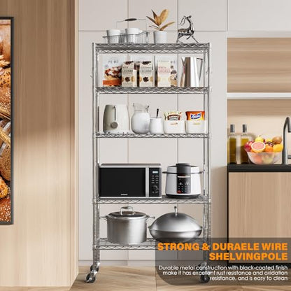 YNN Storage Shelves,1750Lbs 5 Tier Heavy Duty Metal Rolling Shelving Unit with Wheels & 8 Hooks, Adjustable Garage Wire Rack for Kitchen, Bathroom,Industrial,Pantry(36" W x 14" D x 72" H, Chrome) - size: 36"x14"x72" 5-Tier
