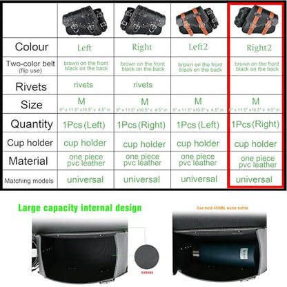 Motorcycle Saddle Bags Side Bags|Saddlebags|Pvc Leather Waterproof Side Swing ArmBags|SideToolBag|UniversalStorage Tool Bag for Motorbike|with cup holder|Brown belt|Black|Right