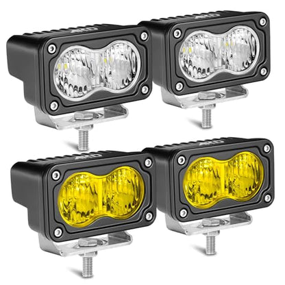 LED Pods, AKD Part 4Pcs 3" 80W Flood CREE LED Pod Lights Small Off Road Driving Lights Backup Reverse Scene Lights for Trucks Motorcycle UTV ATV SUV Dirt Bike - White & Yellow - color: White+Yellow