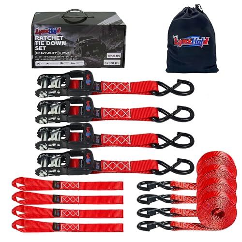 Ratchet Tie Down Straps, 5280lbs Break Strength, 1.6" x 16' Heavy Duty Ratchet Tie Down Strap Set with Padded Handles, Coated S Hook, Soft Loop for Trucks, ATV, UTV, Motorcycle, Cargo & More -Red - color: Red, size: 1.6IN x 16FT