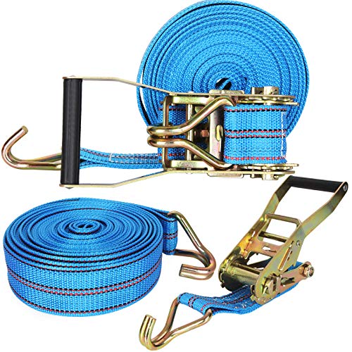2 Pack Ratchet Tie Down Straps, 2 Inch x 33 Feet, 10,000 lbs Break Strength, Heavy Duty Cargo Lashing Straps with Double J Hooks for Trailer, Truck, and Farm Equipment, Blue - color: Blue, size: 2 pack 2 inch x 33 ft