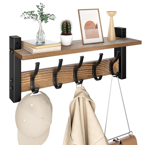 Optish Coat Rack Wall Mount with Shelf, 17.1 Inch Coat Hanger, Entryway Wall Key Holder, Hat Rack for Walls, Shelf with 5 Coat Hooks, Purse Hanger for Wall (Brown) - color: Brown, size: 17.1 Inch