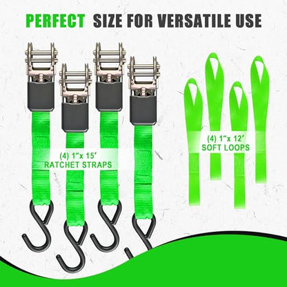 AWELCRAFT Ratchet Straps 4 Pack,1 Inch x 15 Feet Tie Down Ratcheting Strap,1500lb Breaking Strength with S-Hook,4X Soft Loops for Moving Appliances,Lawn Equipment,Truck,Motorcycle(Green) - color: Green