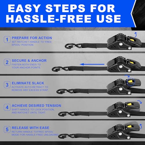 Retractable Ratchet Straps 2 Inch x 10 Feet, Heavy Duty Auto Retract Tie Down Straps, 3500 lb Break Strength Cargo Straps with Steel Hooks for Truck, Trailer, Moving, 2 Pack
