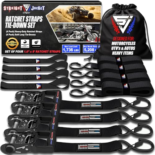 Ratchet Straps Tie Down Kit Incl. (4) Heavy Duty Rachet Tiedowns (1.6" x 8') with Coated S Hooks + (4) Soft Loop Tie-Downs (17") - 5,208 Total Break Strength by Straight Jacket Crew (Black) - color: Black, size: 1.6" x 8'