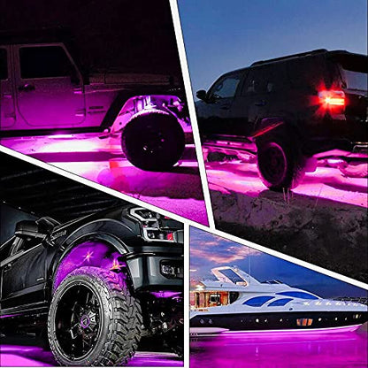 Purple Pink LED Rock Lights with 4 Pods Neon 12V Underglow Underbody Kit Crawler Crawling Dome Exterior Wheel Lamp Compatible for ATV RZR UTV SUV Off-Road Auto Boat Motorcycle Trail Rig Fender - color: Purple Pink