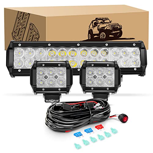 GOOACC 12Inch 72W Led Light Bar 2PCS 4 Inch 18W LED Pods Led Driving Fog Lights with 16AWG Off Road Wiring Harness-3 Leads for Truck Golf Cart SUV ATV UTV Boat, 2 Years Warranty - color: 72W Light Bar + 2pcs LED Pods + Wiring Harness