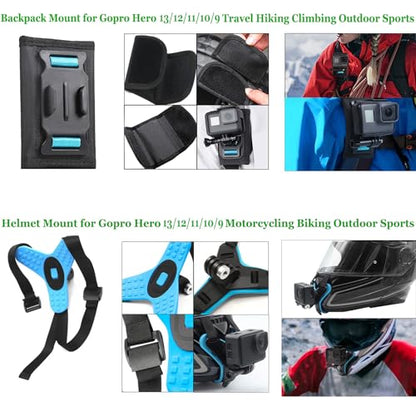 Accessories Kit Pack for Go pro 13 12 11 10 9 Hero Black, Waterproof Housing Case Backpack Shoulder Strap Mount Motorcycle Helmet Chin Mount Bundle for Gopro Hero13 12 11 10 9 Camera(YP01)