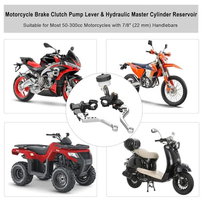 Universal Motorcycle Brake Clutch Pump Lever with Hydraulic Master Cylinder Reservoir Set Left & Right CNC Suitable for 50-300cc Motorcycles with 7/8" 22mm Handlebars - color: Silver