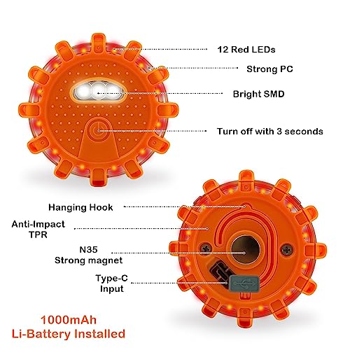 Ecoangel USB-C Rechargeable LED Road Flares Emergency Lights-Large Capacity (Lithium Battery) 3 in 1 Cable Roadside Warning Car Safety Beacon Flashing Disc Flare Kit with Magnetic Base for Vehicles - color: 6 PACK USB C High Power