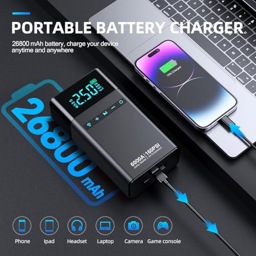 10-in-1 Portable Car Battery Jump Starter with Air Compressor, 6000A 160PSI Portable Car Jumper Starter (All Gas 12L Diesel), 12V Jump Box Car Battery Jump Starter with Jumper Cables, Lights
