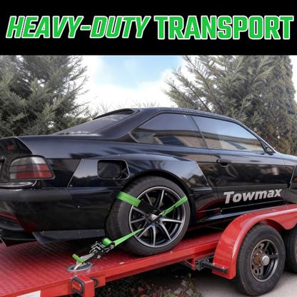4 Pack Car Tie Down Straps for Trailers - 2" x 8' Heavy Duty Tire Straps with Snap Hooks - 10,000lbs Break Strength, Adjustable Lasso Style Wheel Straps for Hauling Cars, Truck, UTV(Green) - style: Snap Hooks