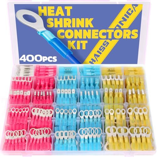 haisstronica 400PCS Heat Shrink Wire Connectors-Marine Grade Heat Shrink Butt Connectors-Electrical Connectors Kit of Tinned Red Copper,AWG 26-10 Crimp Insulated Ring Fork Butt Splice(4Colors/31Sizes) - style: 400PCS AWG 26-10